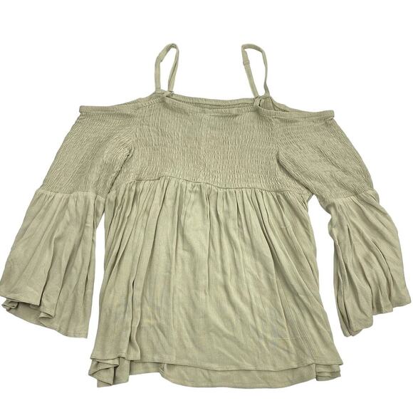 NWT TORRID Babydoll Crinkle Gauze Smocked Cold Shoulder Top Sz 2X Slate Green - Picture 9 of 10
